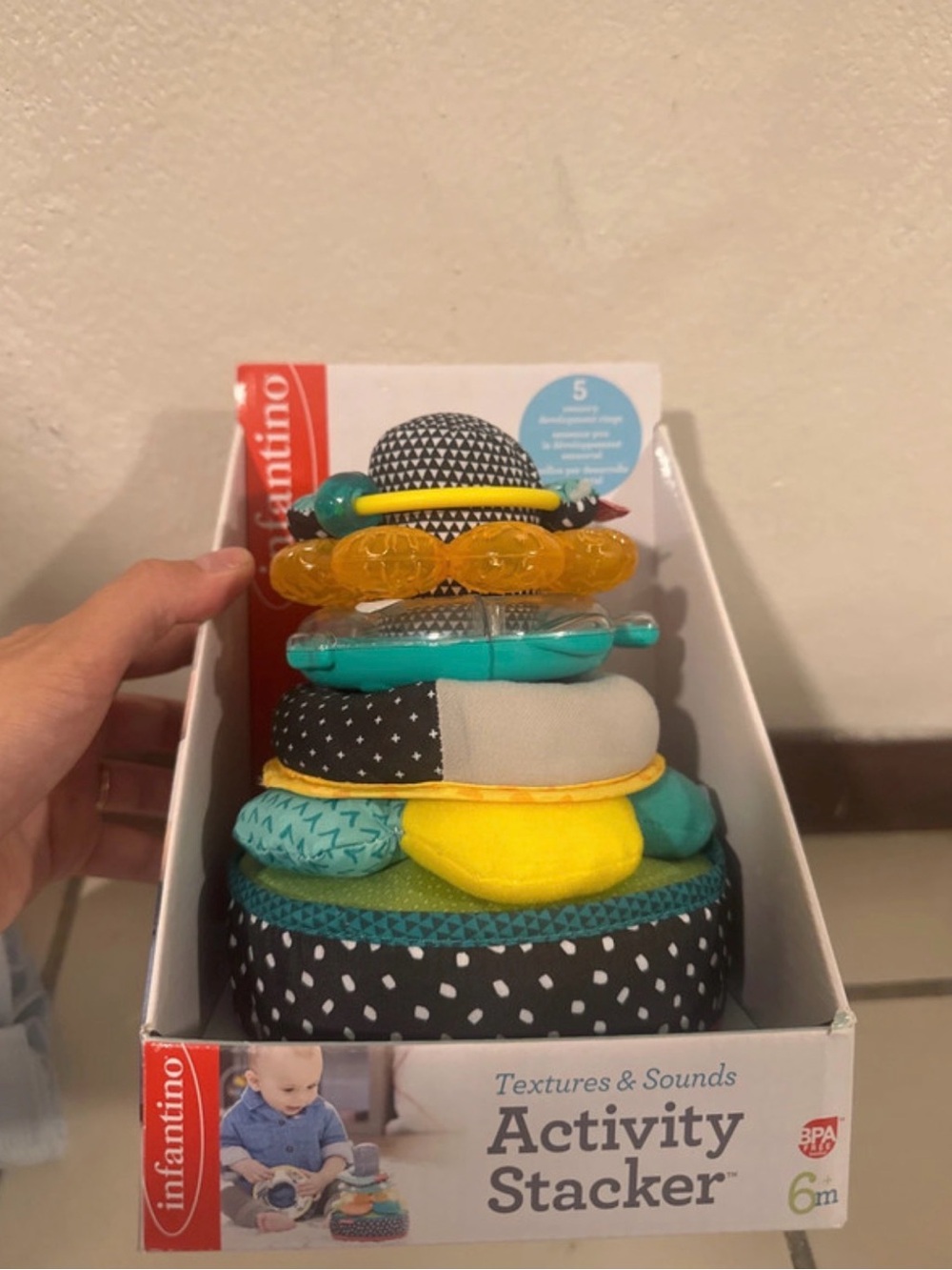 Infantino Multi-Color Textures & Sounds Activity Stacker - Teal, Yellow, Black